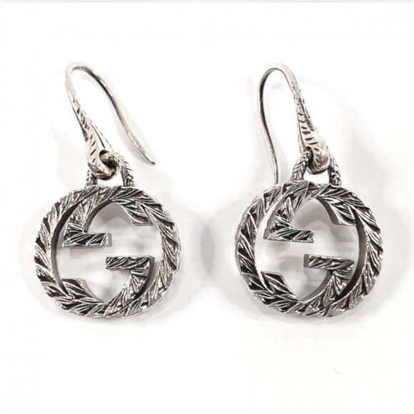 Authentic Gucci 925 Silver Interlocking GG Logo Dangle Earrings Women’s - Picture 2 of 9